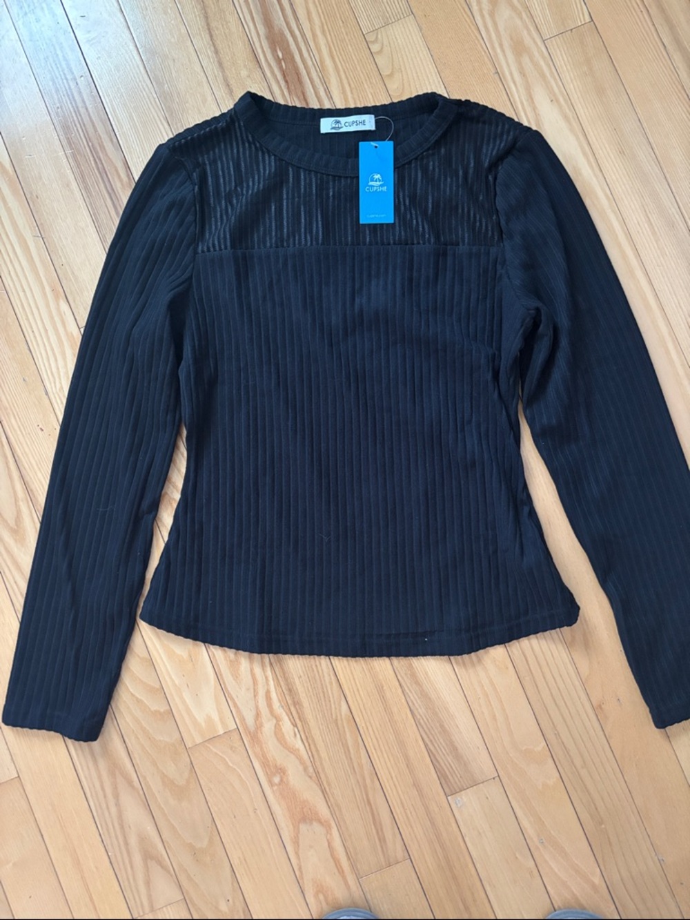 Cupshe Black Ribbed Long Sleeve Crewneck Top